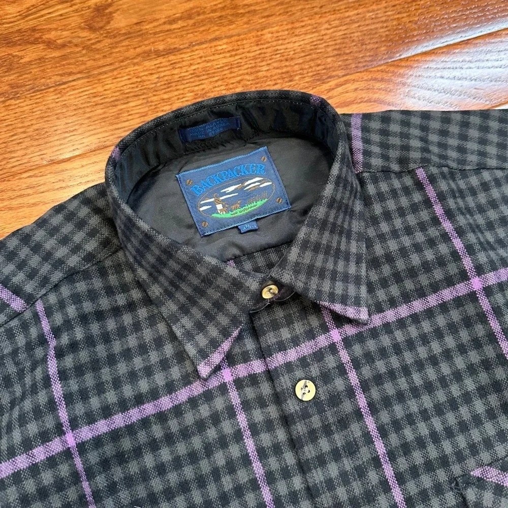 New Vintage Backpacker Flannel Shirt Mens Medium Black Gray Purple Outdoor Check - Picture 4 of 12
